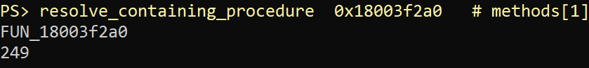 resolve_containing_procedure 0x18003f2a0 çıktısı, 249 baytlık FUN_18003f2a0 fonksiyonunu gösteriyor.