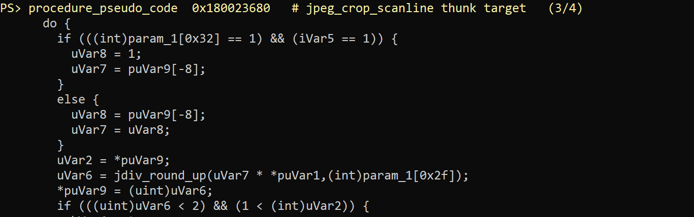 jpeg_crop_scanline sözde kodunun devamı. uVar6 = jdiv_round_up(...) ve *puVar9 = uVar6, her bileşenin yeni genişliğini 0x28 alanına yazıyor.