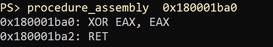procedure_assembly 0x180001ba0 çıktısında XOR EAX, EAX ve RET var.