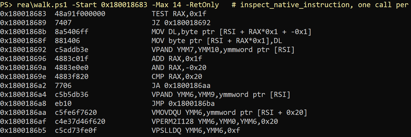 AVX2 kodundan komutlar. MOV DL,[RSI + RAX*0x1 + -0x1] ve MOV [RSI + RAX*0x1],DL son ton örneğini bir sonraki hücreye yazıyor.