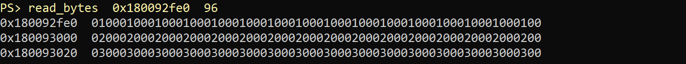 read_bytes 0x180092fe0 96 çıktısı. 16 bitlik 16 tane 1, 16 tane 2 ve 16 tane 3.