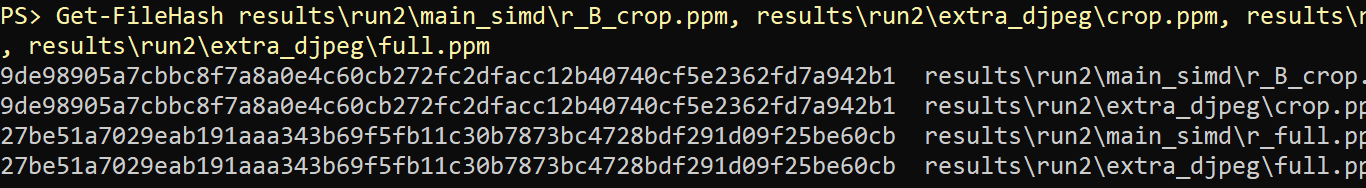 Get-FileHash çıktısı. r_B_crop.ppm ile djpeg -crop çıktısının, r_full.ppm ile djpeg tam çıktısının SHA-256 değerleri aynı.