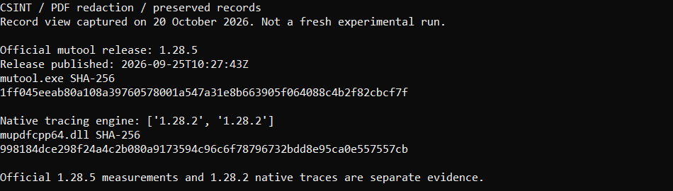 Resmi mutool 1.28.5 sürümünün tarihi ve hash'i ile native izlemede kullanılan 1.28.2 DLL'sinin hash'i.