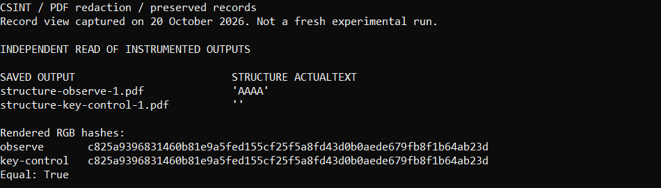 Bağımsız dosya okuması, gözlemde ActualText AAAA, anahtar kontrolünde boş metin gösteriyor. İki çizimin RGB hash'leri aynı.