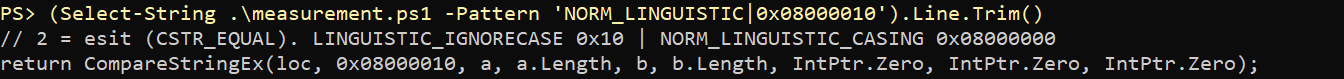 Betikte LINGUISTIC_IGNORECASE 0x10 ile NORM_LINGUISTIC_CASING 0x08000000 açıklanıyor. CompareStringEx çağrısı 0x08000010 kullanıyor.