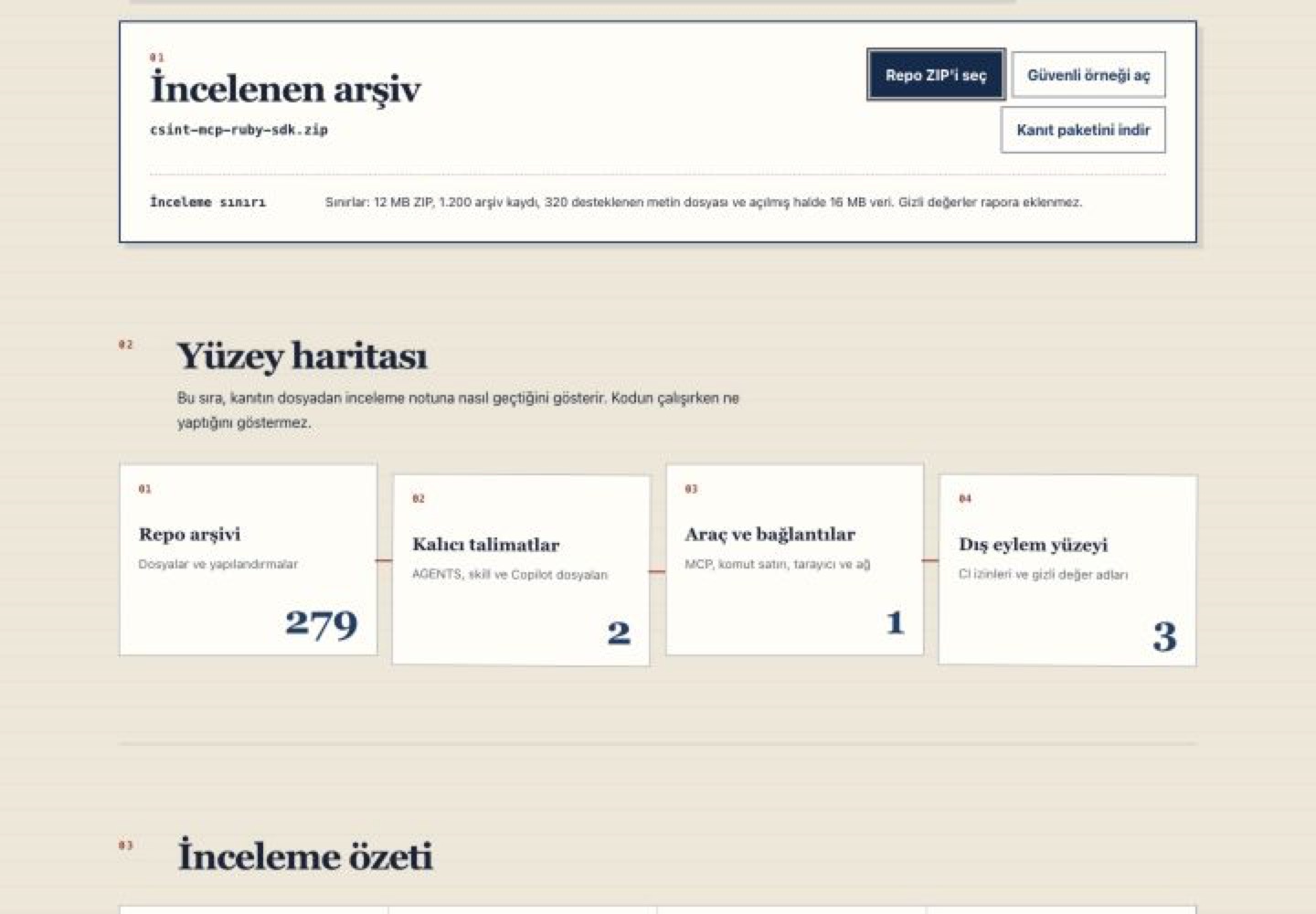 MCP Ruby SDK arşivinin AI Agent Surface Map içinde gerçek yerel analiz özeti